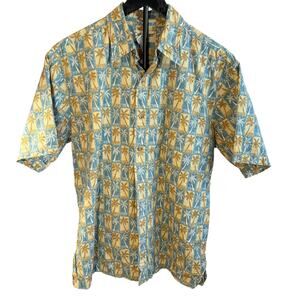 Cooke St Honolulu Vintage mens green blue checked palm tree Hawaiian shirt. Sz M